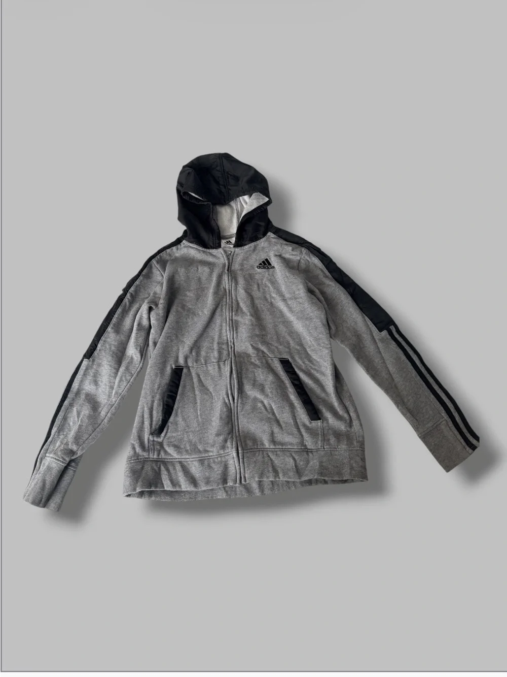 adidas Youth Full -Zip Hoodie Gray and Black Fleece-Lined (Kids Large)
